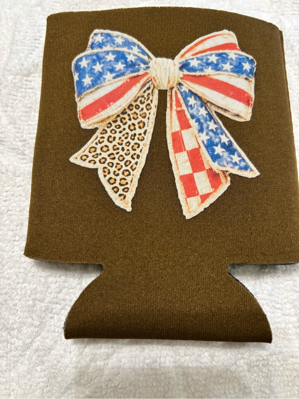 NEW Olive Brown Can Cooler with Patriotic Bow Patch